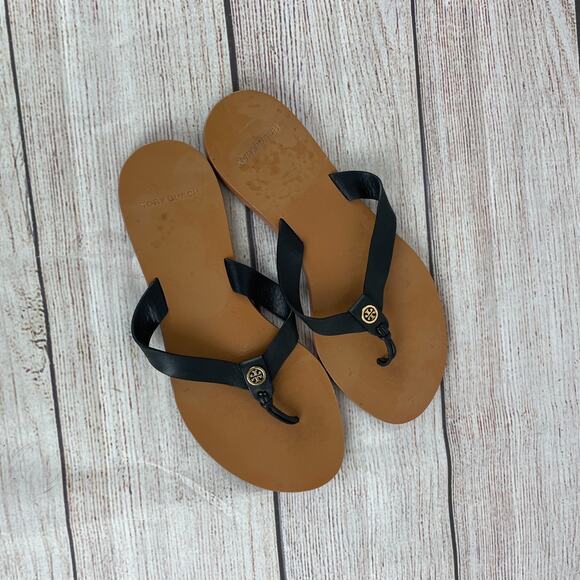 Tory Burch Manon Womens Sz 6.5 Thong Sandals Black Leather - Picture 7 of 9